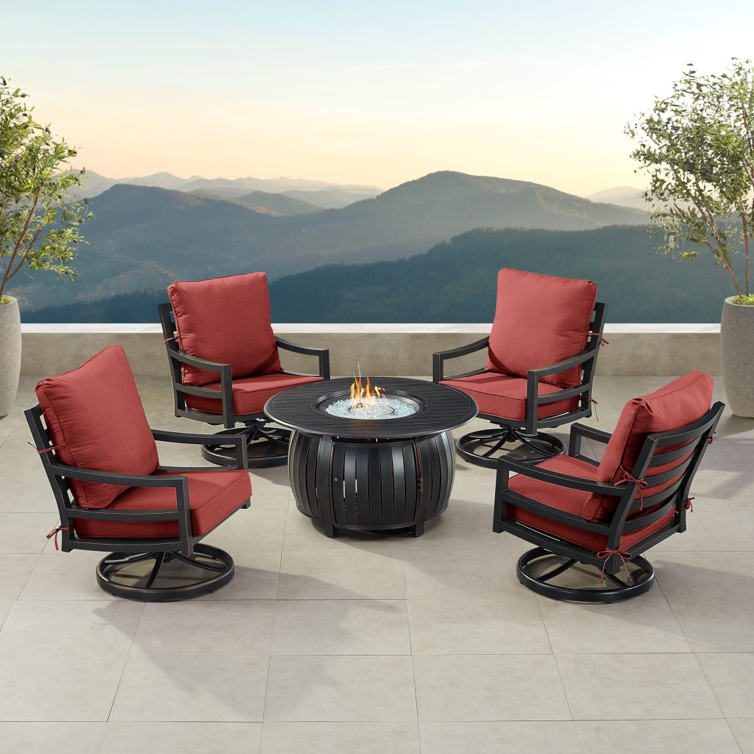 Black Aluminum Patio Fire Table Set with Four Club Chairs