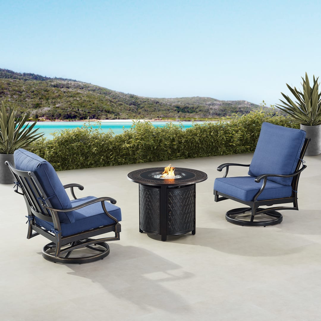 Black Aluminum Patio Fire Table Bistro Set with Two Club Chairs