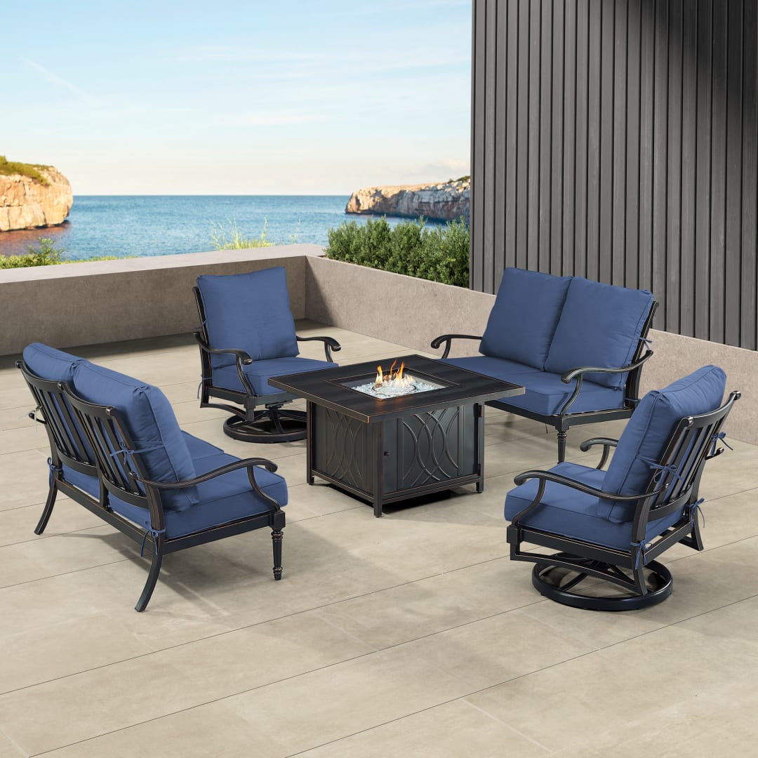 Black Aluminum Patio Fire Table Set with Two Deep Seating Loveseat with Cushions and Two Club Chairs