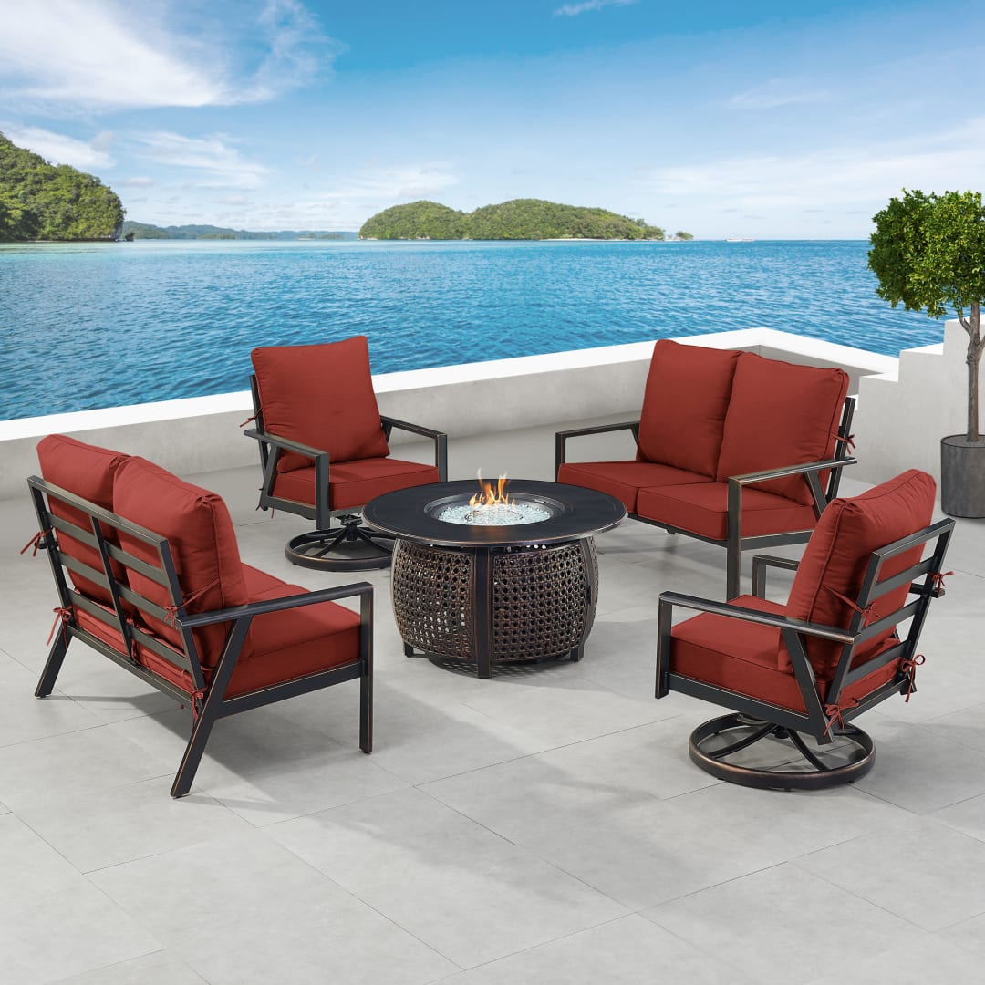 Black Aluminum Patio Fire Table Set with Two Deep Seating Loveseat with Cushions and Two Club Chairs