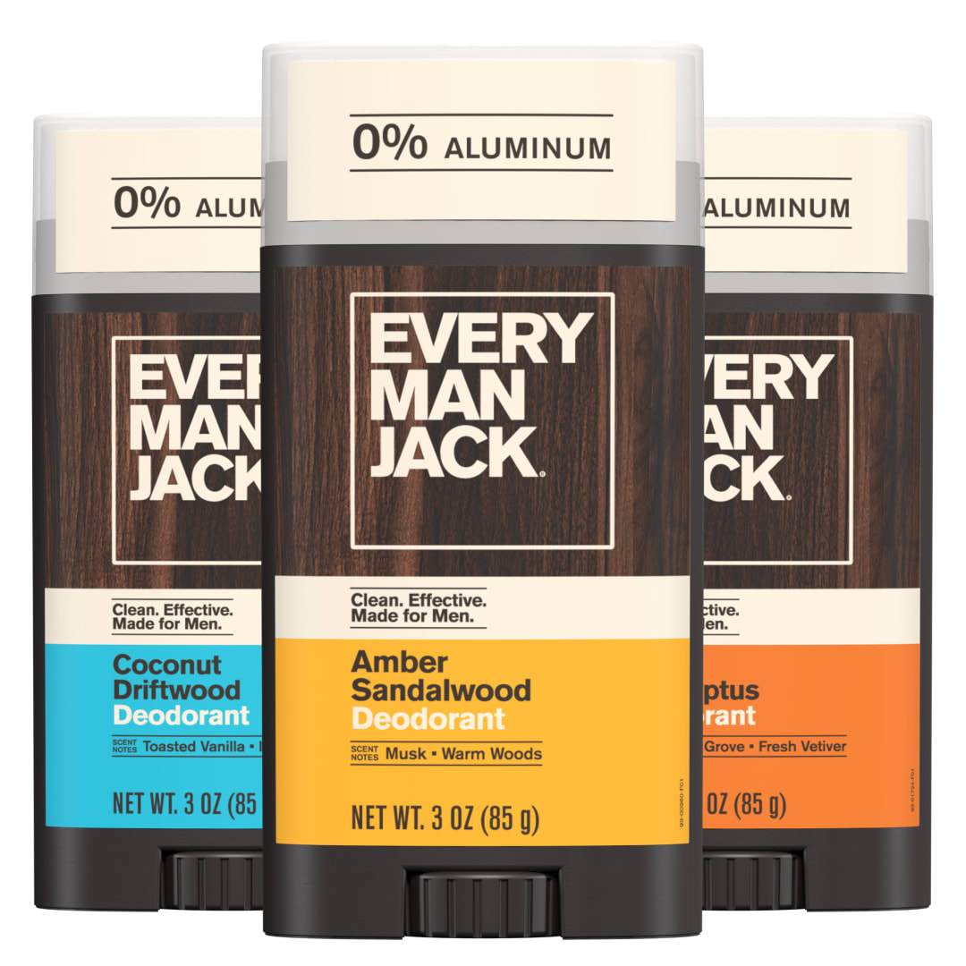 Every Man Jack Men's Deodorant Variety Set - Includes 3 Full-Sized Aluminum Free Natural Deodorant Sticks - Coconut Driftwood, Citrus Eucalyptus, Amber Sandalwood - 3oz (3 Pack)