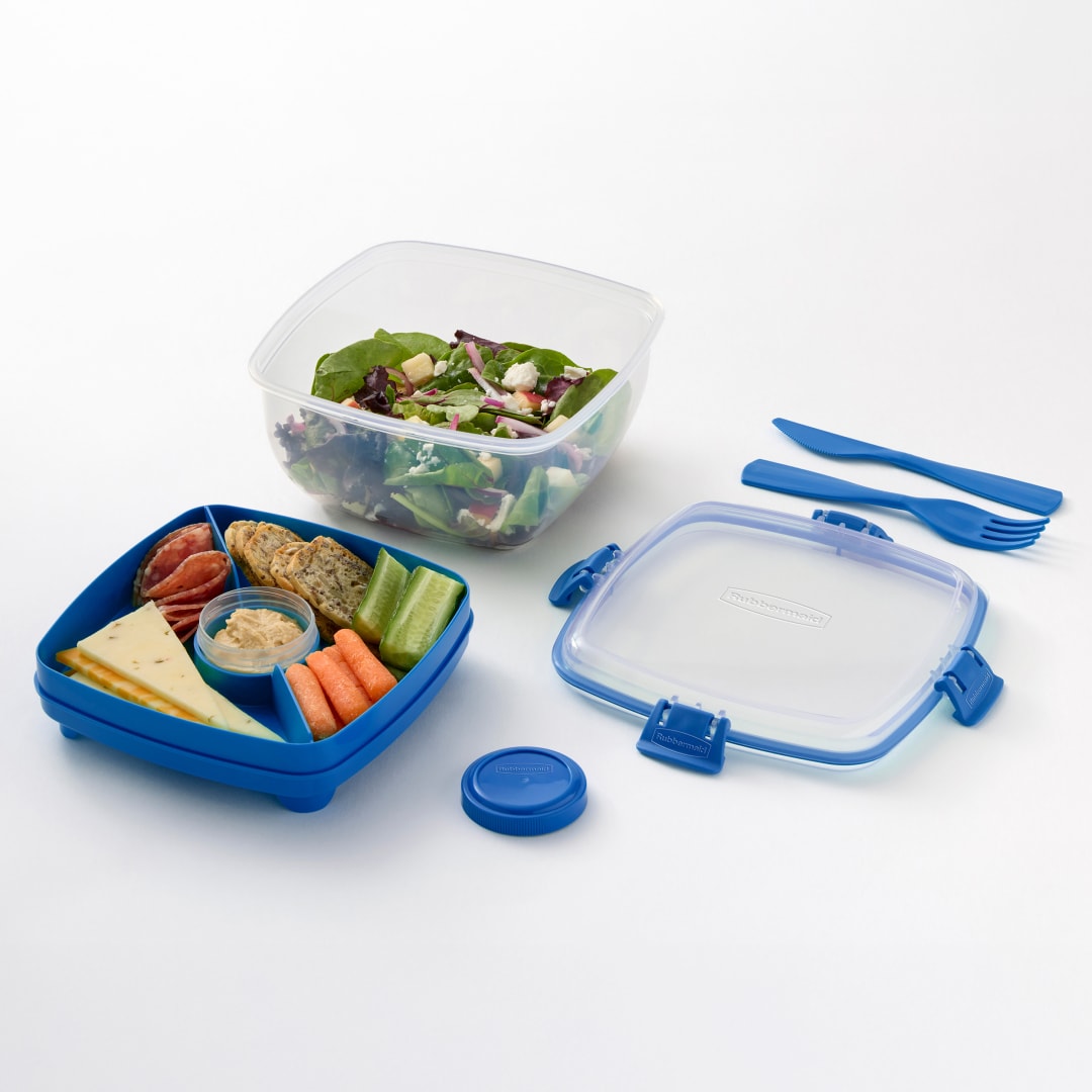 Rubbermaid Pack & Go 1.1 L Salad Container with Divided Insert Tray and Dressing Pot, Meal Prep Containers