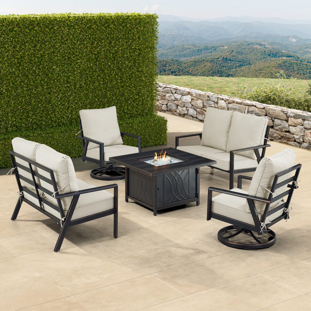 Black Aluminum Patio Fire Table Set with Two Deep Seating Loveseat with Cushions and Two Club Chairs
