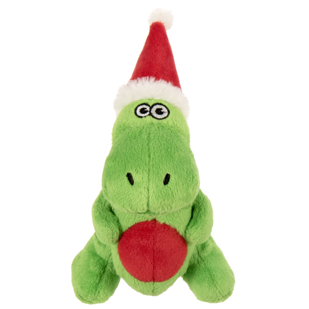 goDog Holiday Collection Dinos T-Rex Santa Squeaky Dog Toy, Plush with Chew Guard Technology, Green, Mini
