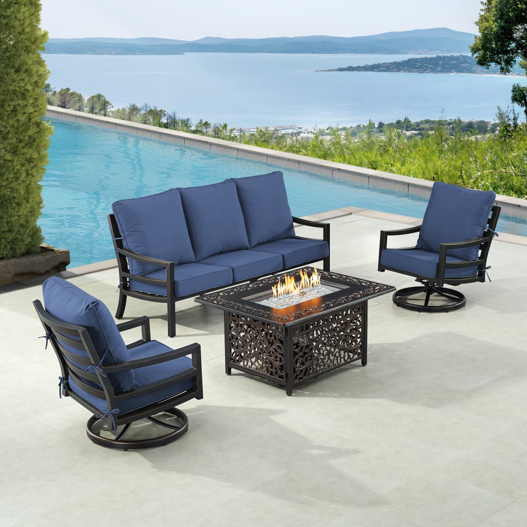 Black Aluminum Patio Fire Table Set with Deep Seating Sofa with Cushion and Two Club Chairs