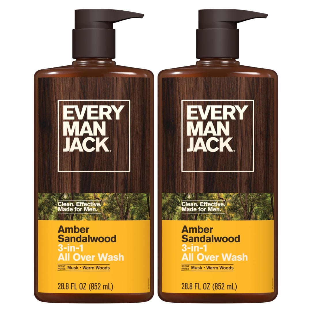 Every Man Jack Amber Sandalwood Hydrating Mens 3-in-1 All Over Wash for All Skin and Hair Types - Body Wash, Shampoo and Conditioner with Naturally Derived Ingredients - 28.8oz (2 Pack)