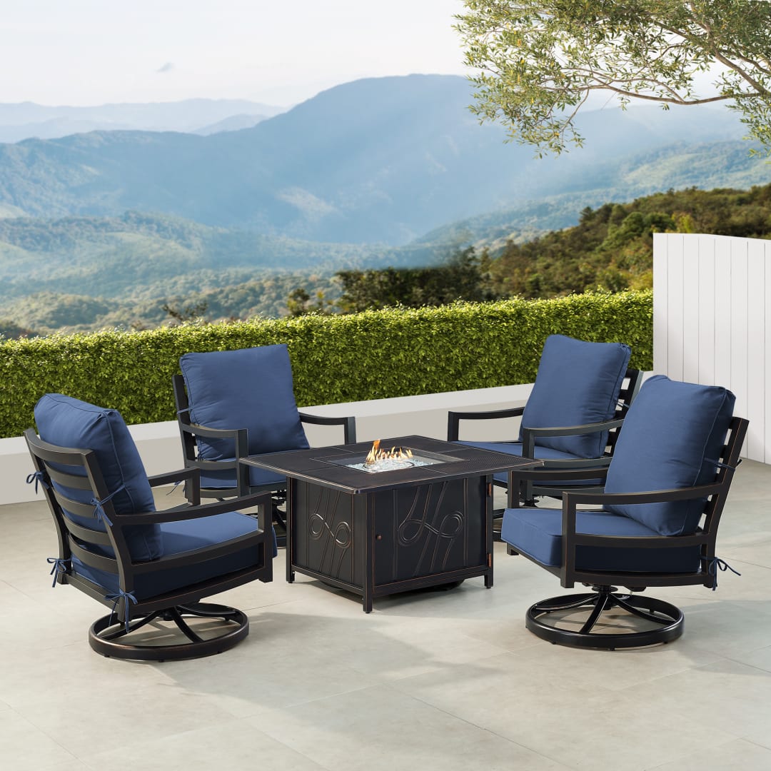 Black Aluminum Patio Fire Table Set with Four Club Chairs