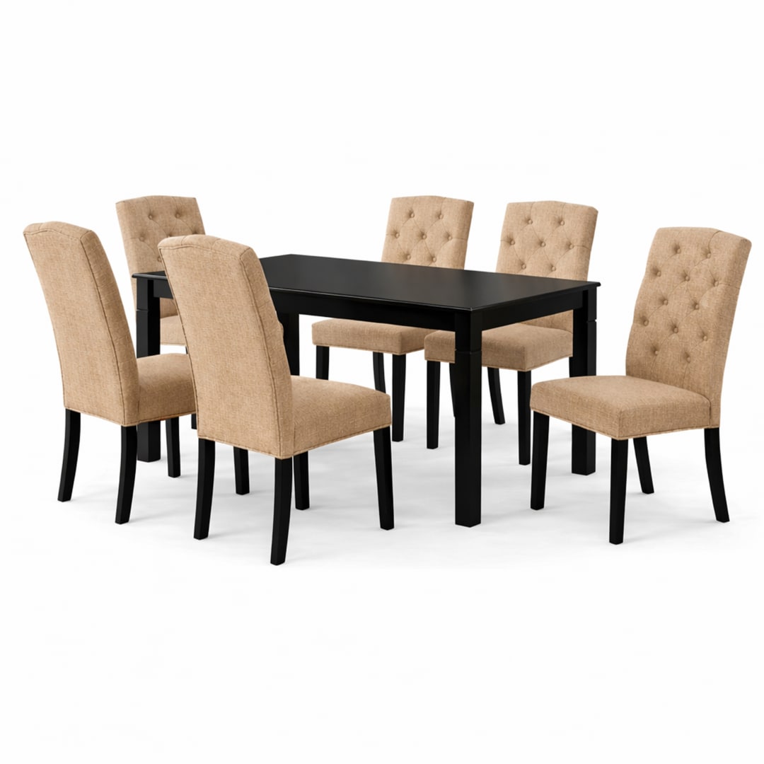 Modern 7-Piece 63 Inch Rectangular Dining Set, Black Finish with Sand Beige Polyester Upholstered Chairs, Solid Rubberwood