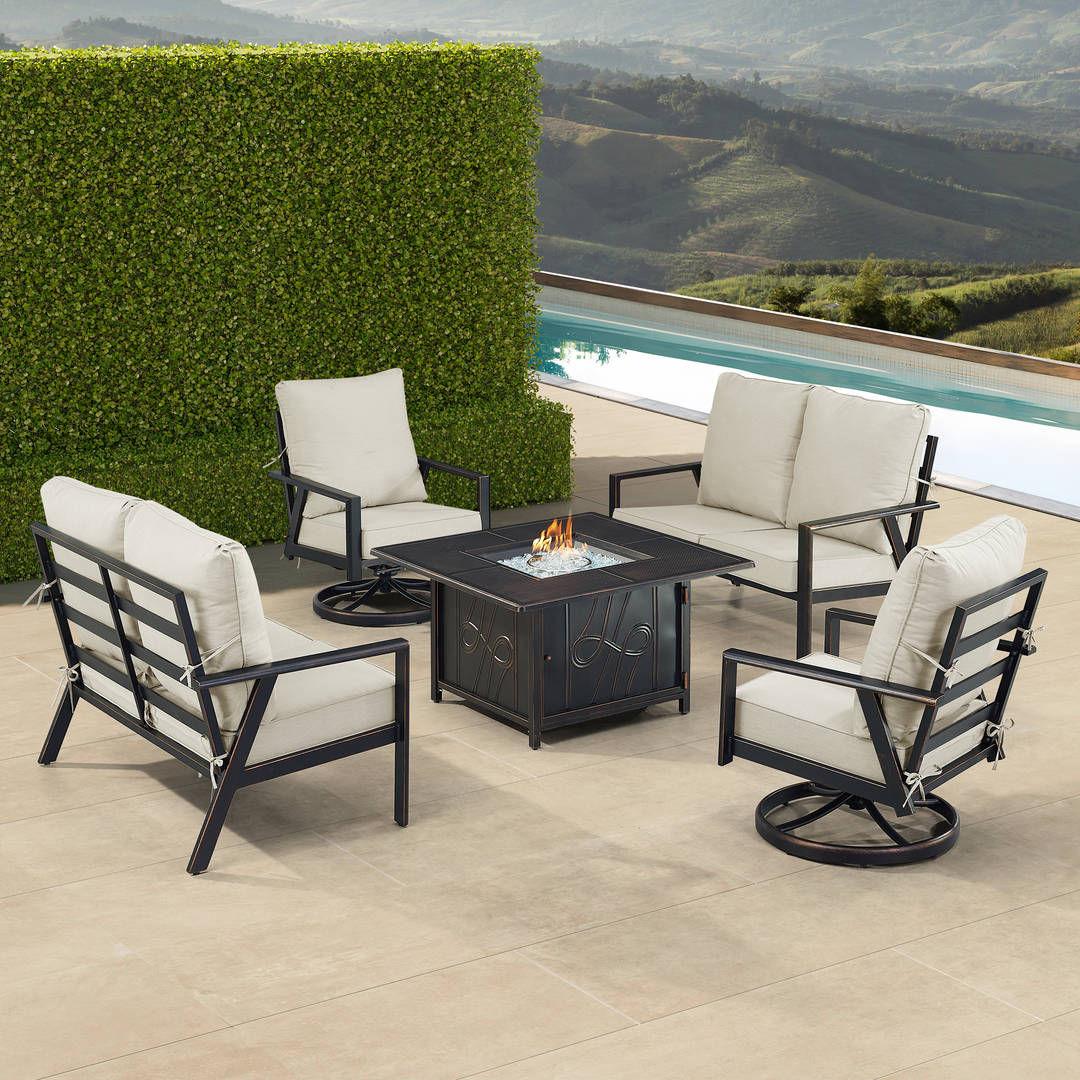 Black Aluminum Patio Fire Table Set with Two Deep Seating Loveseat with Cushions and Two Club Chairs