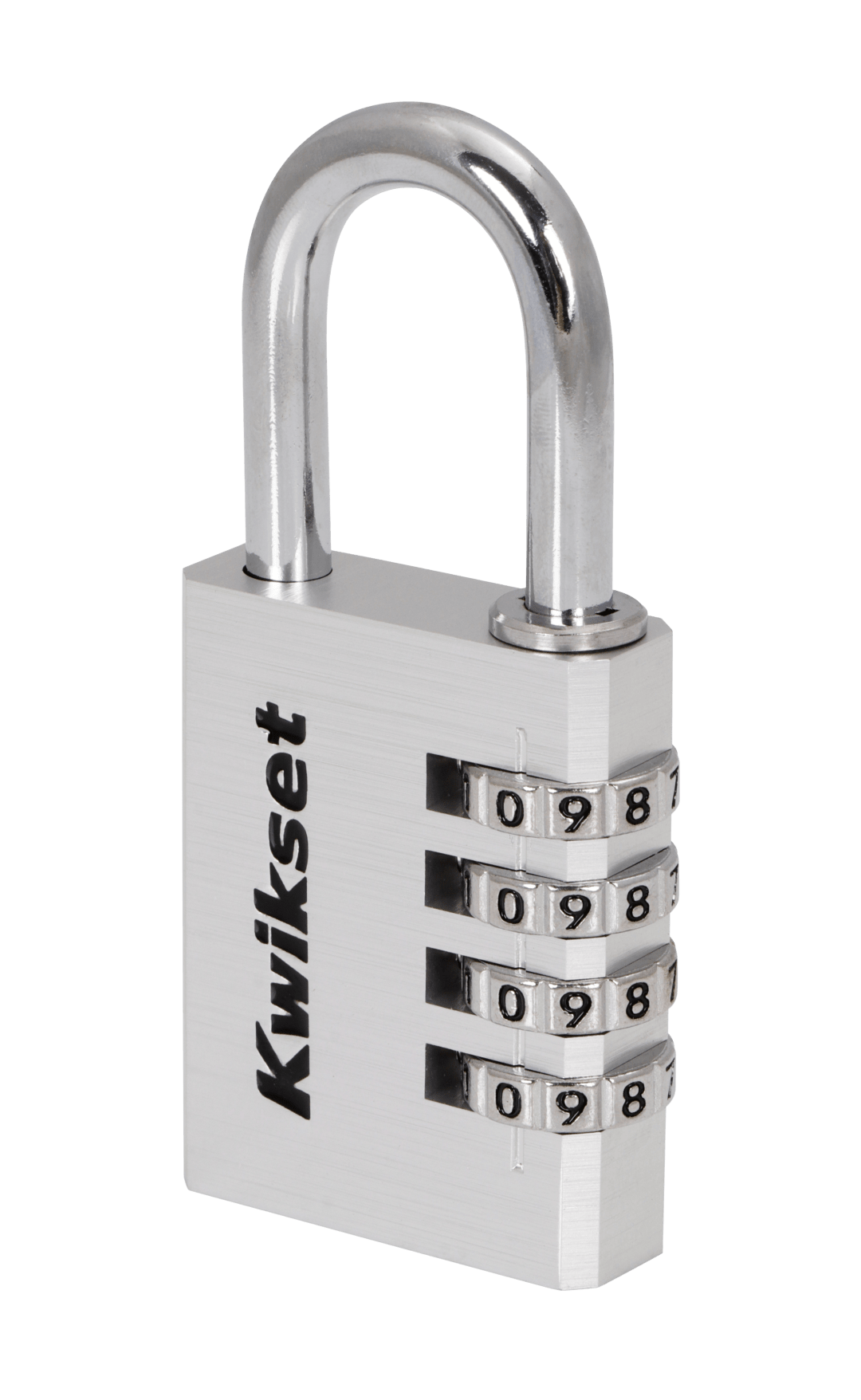 Kwikset Aluminum Combination Padlock, 4-Digit, 1-1/2 in Body, 1-3/16 in Shackle, 1 Pack, Silver