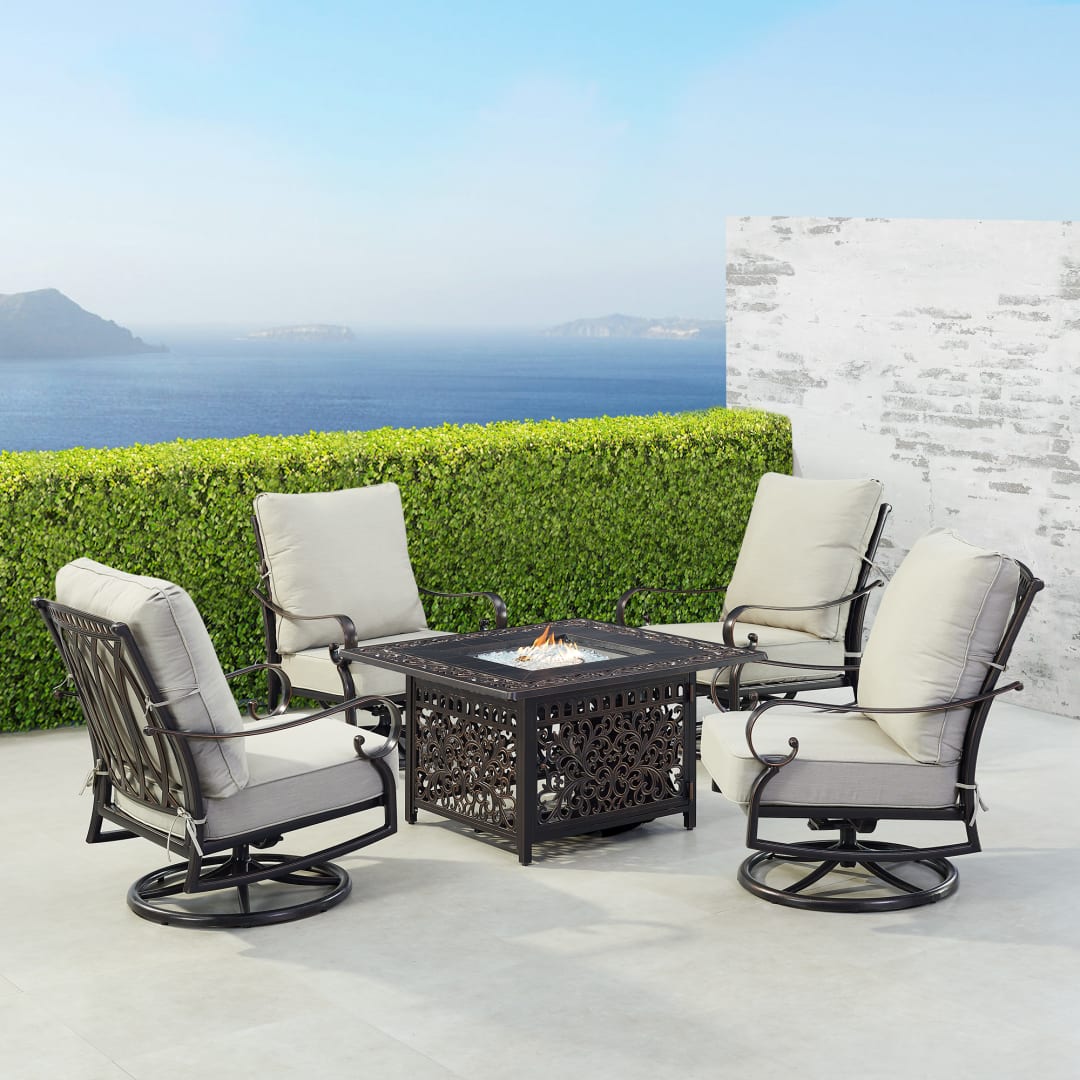 Black Aluminum Patio Fire Table Set with Four Club Chairs