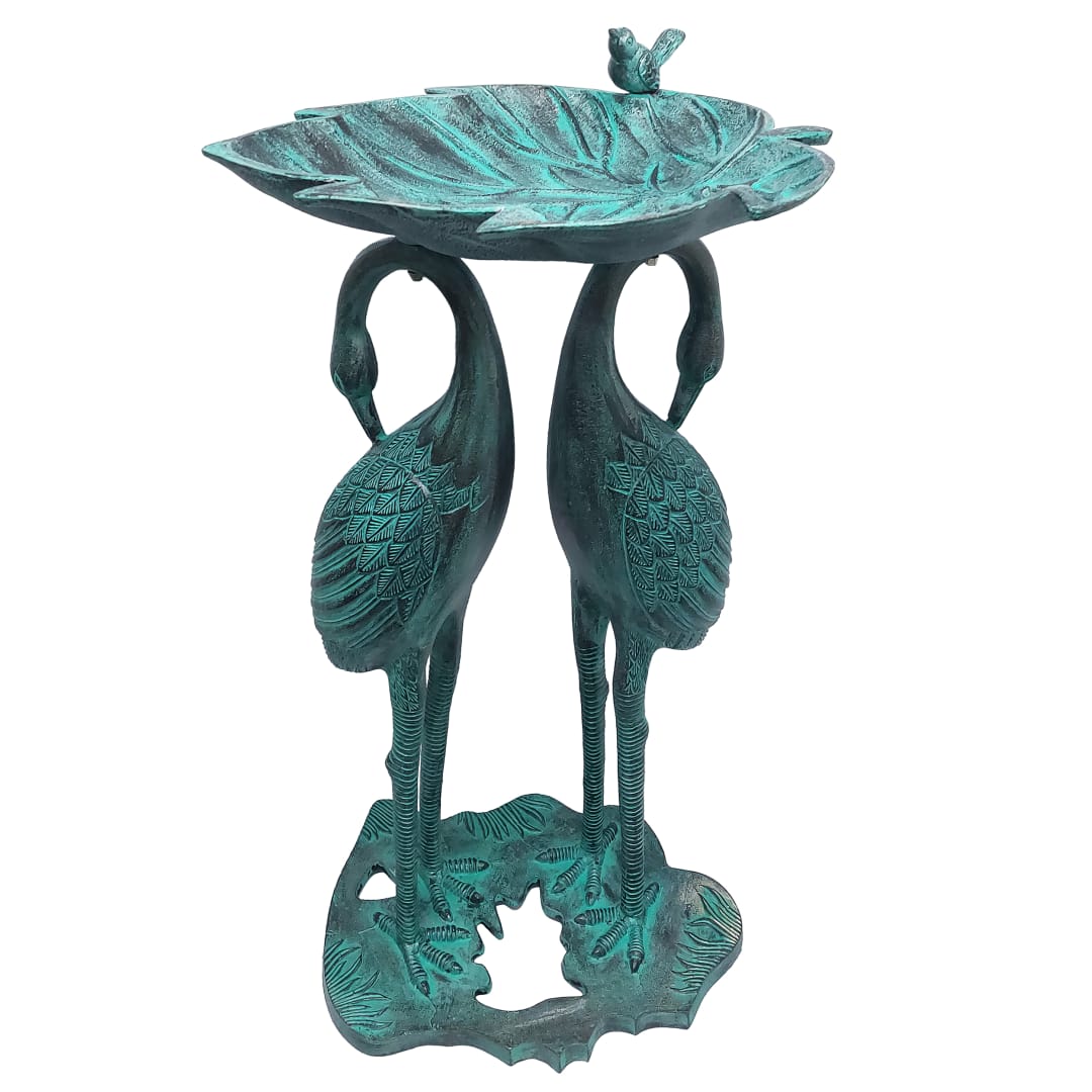 Cast Aluminum 30-in Twin Crane Black Patina Bird Bath with Leaf Bowl (copy)