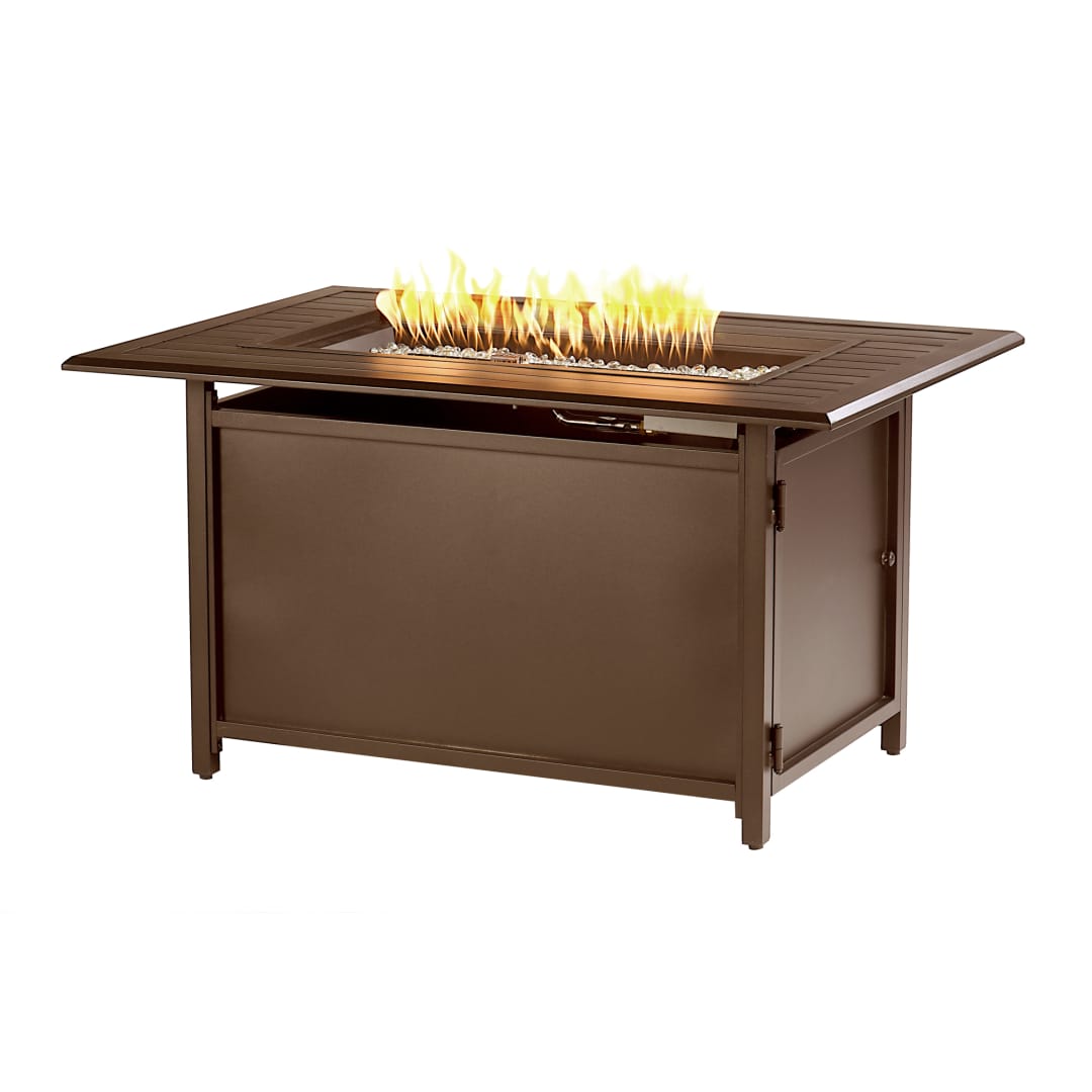 Rectangular 46 in. x 31 in. Aluminum Propane Fire Pit Table, Glass Beads, Two Covers, Lid, 55,000 BTUs in Brown Finish