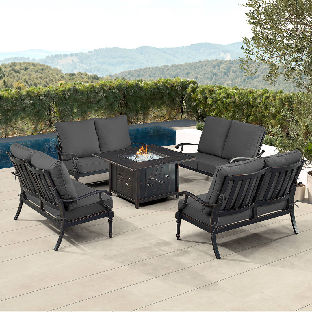Black Aluminum Patio Fire Table Set with Four Deep Seating Loveseat with Cushions