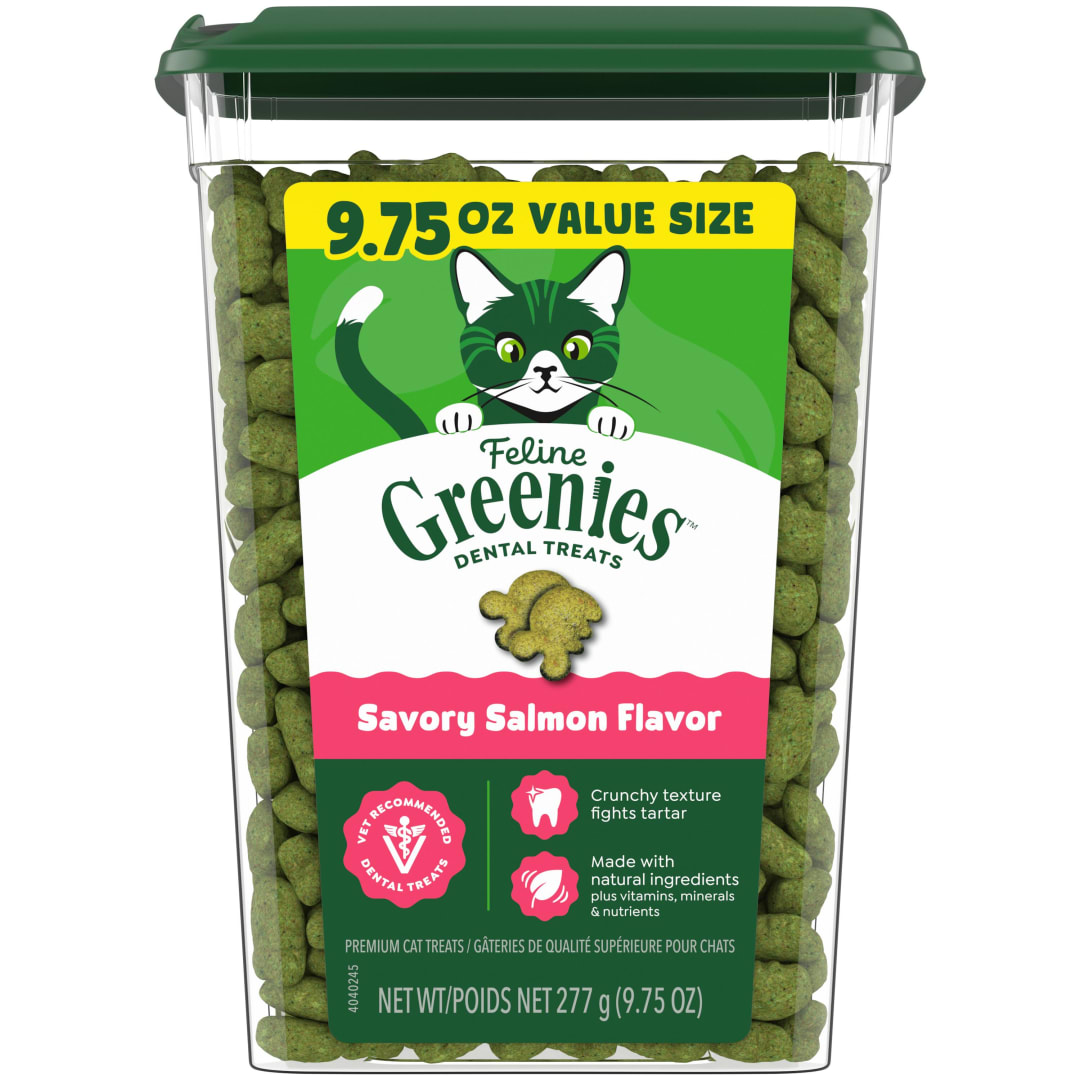 FELINE GREENIES Adult Dental Cat Treats, Savory Salmon Flavor, 9.75 oz. Tub