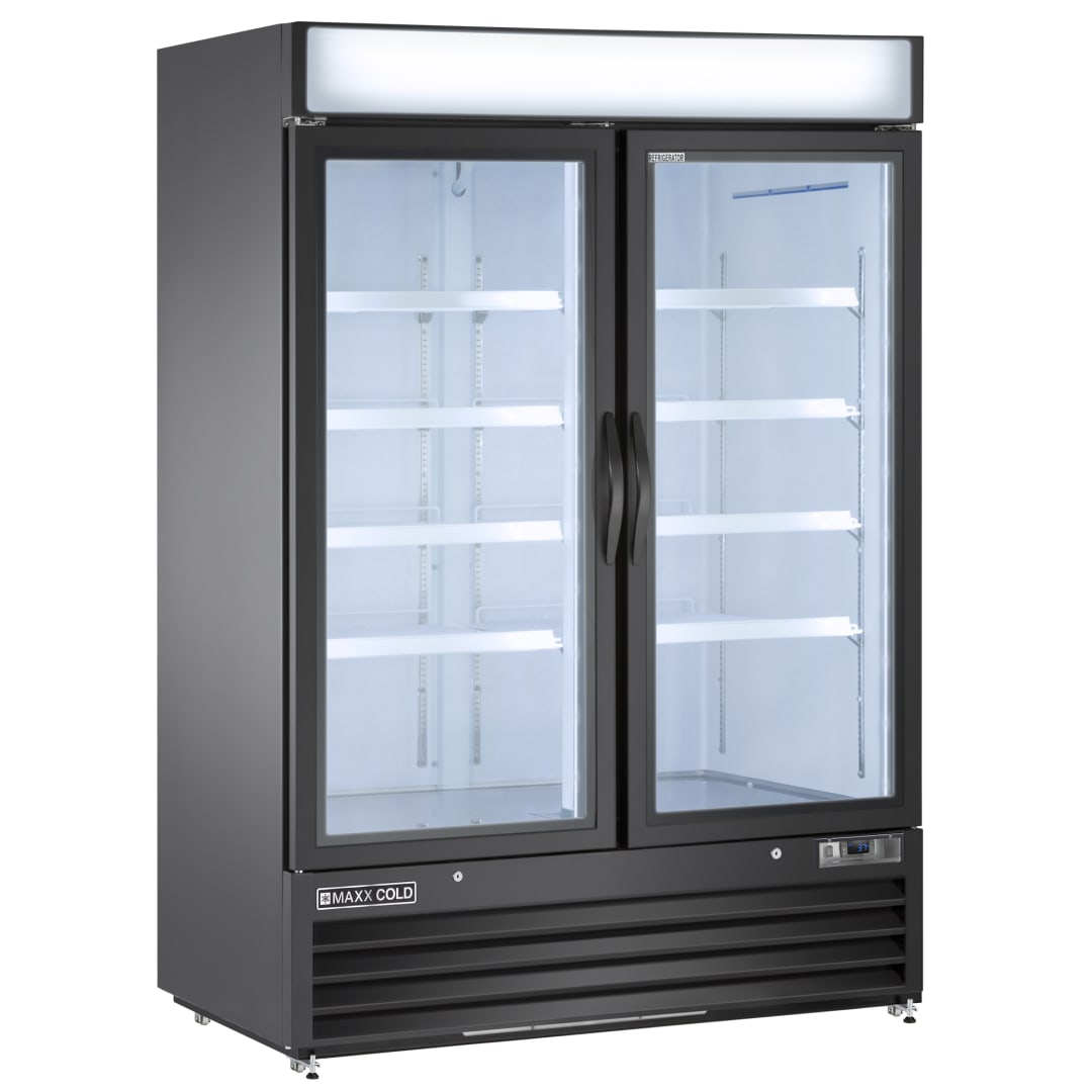 Maxx Cold Double Glass Door Merchandiser Refrigerator, Swing Style Door, 54"W, 48 cu. ft. Storage Capacity, Energy Star Rated, in Black (MXM2-48RBHC)