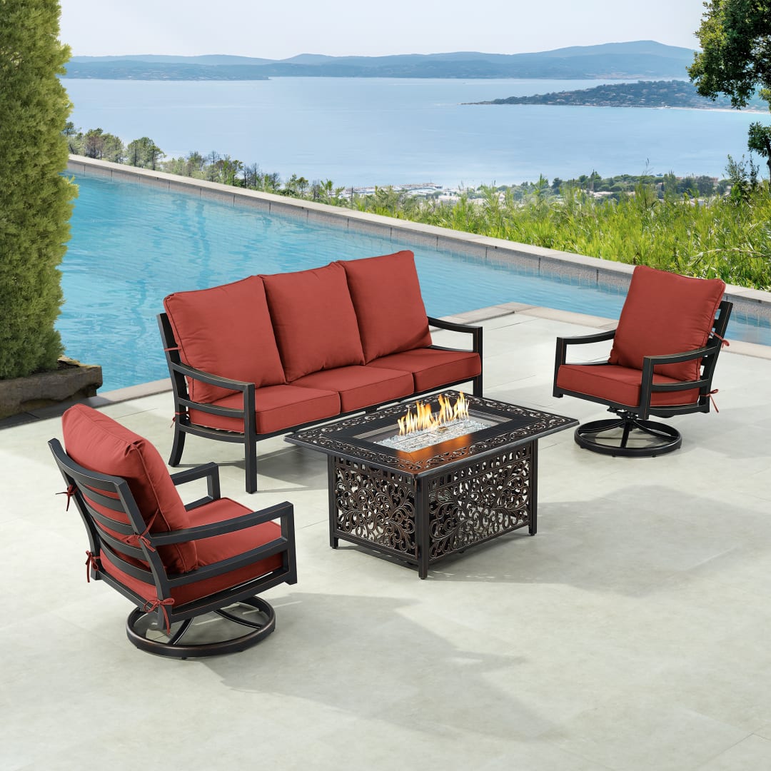 Black Aluminum Patio Fire Table Set with Deep Seating Sofa with Cushion and Two Club Chairs