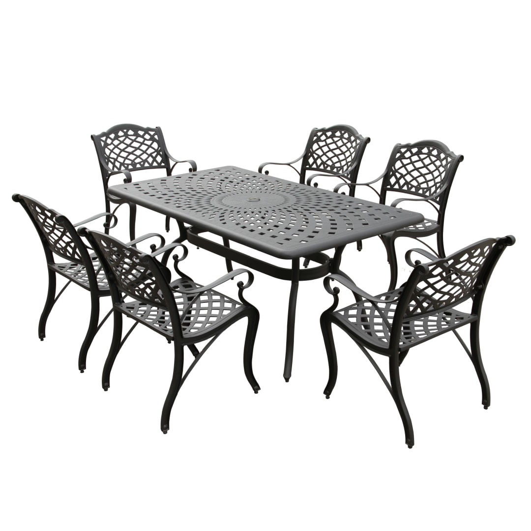Modern Ornate Outdoor Mesh Aluminum 67-in Black Rectangular Patio Dining Set with Six Chairs