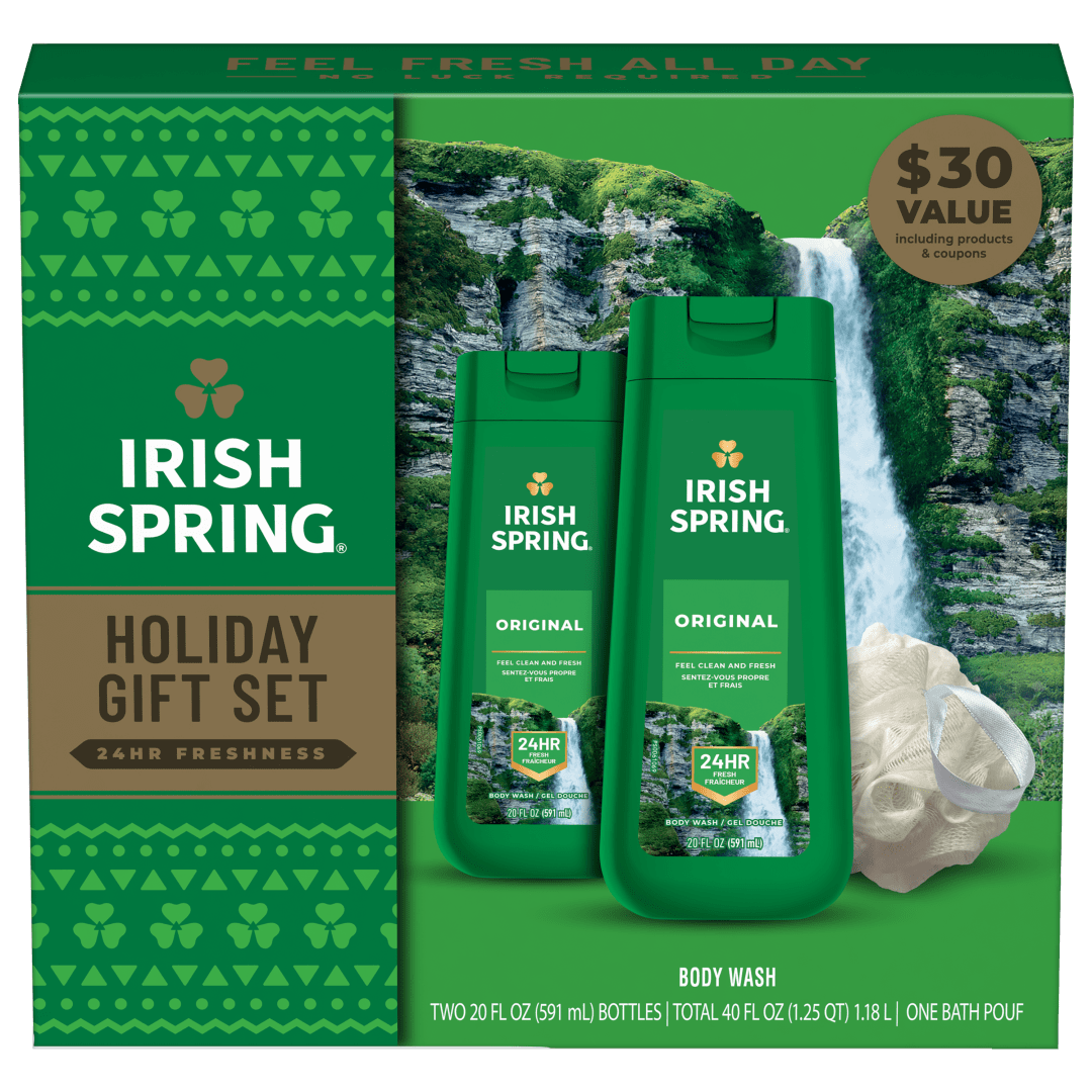 Irish Spring Original Body Wash Gift Set, Paraben Free, 2 x 20 fl oz Bottles Plus Bath Pouf