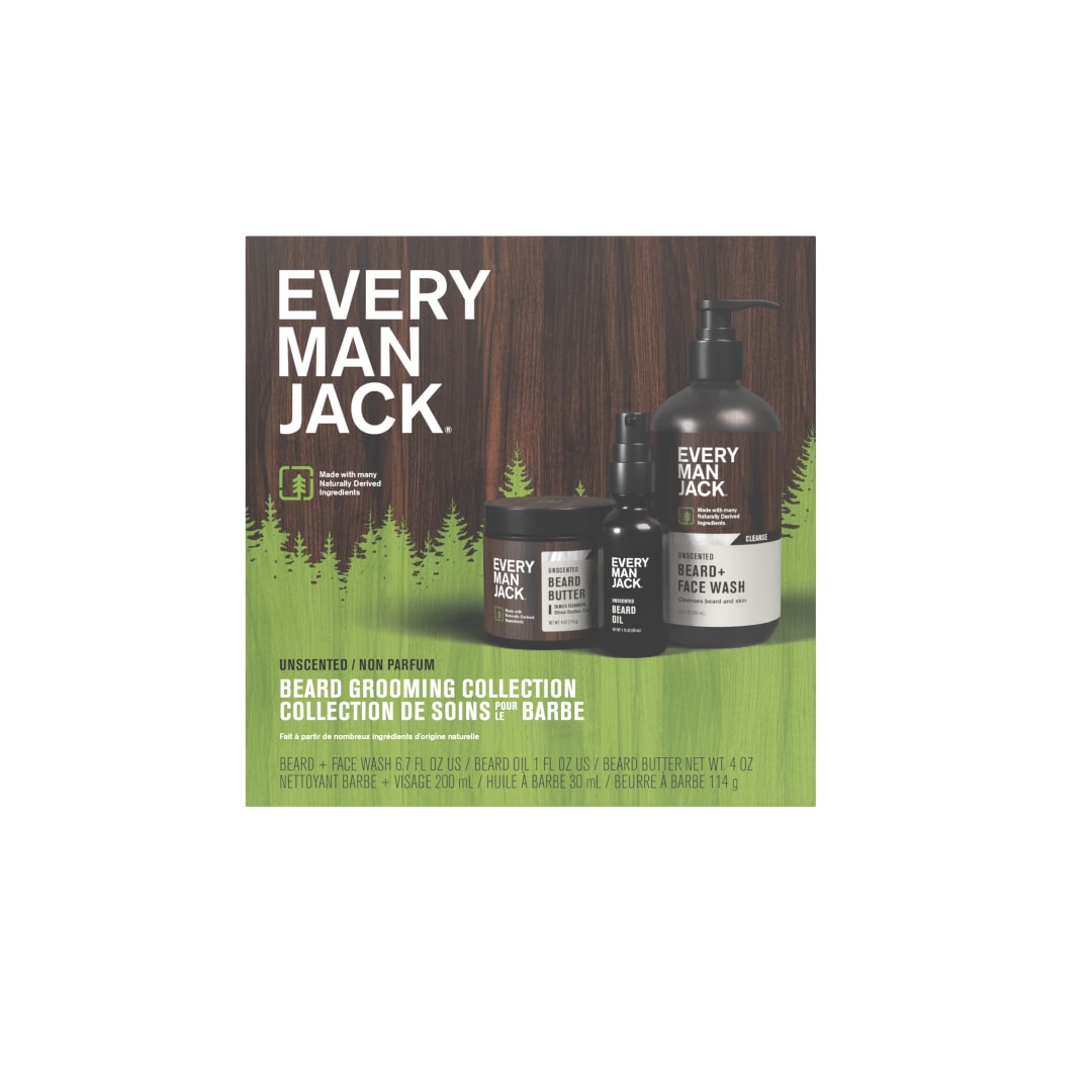 Every Man Jack Mens Unscented Beard Set- Perfect for Every Guy - Grooming Essentials For a Complete Routine - Beard + Face Wash, Hydrating Beard Oil and Beard Butter