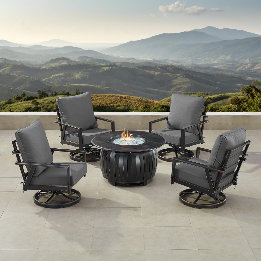 Black Aluminum Patio Fire Table Set with Four Club Chairs