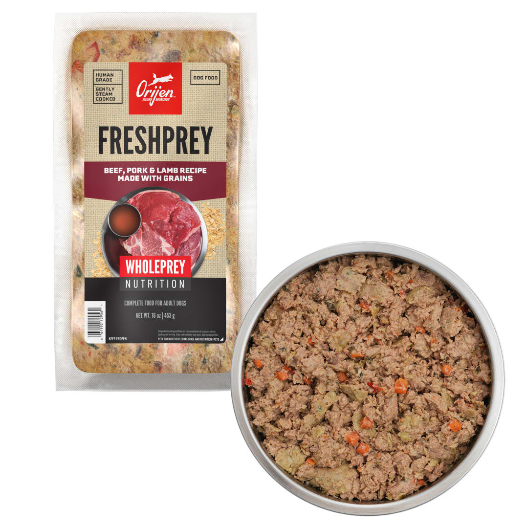 ORIJEN FRESHPREY Frozen Dog Food – 100% Human Grade, Gently Steam Cooked, Thaw and Serve - 85% Animal Ingredients* – Beef, Pork & Lamb Recipe Made with Grains – Complete Food for Adult Dogs
