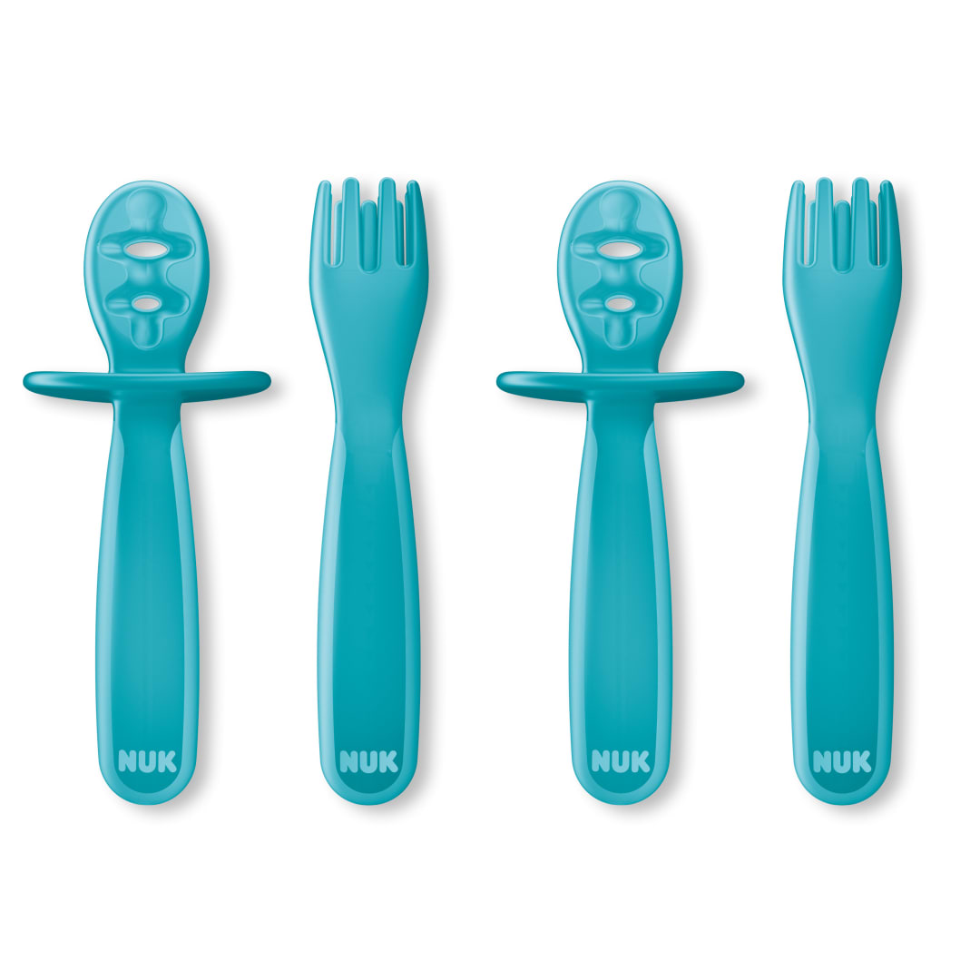 NUK® Pretensil Dipper Spoon & Fork Set, Baby & Toddler Self-Feeding Utensils, Easy-Grip, Mess-Reducing Design, 4 Pack