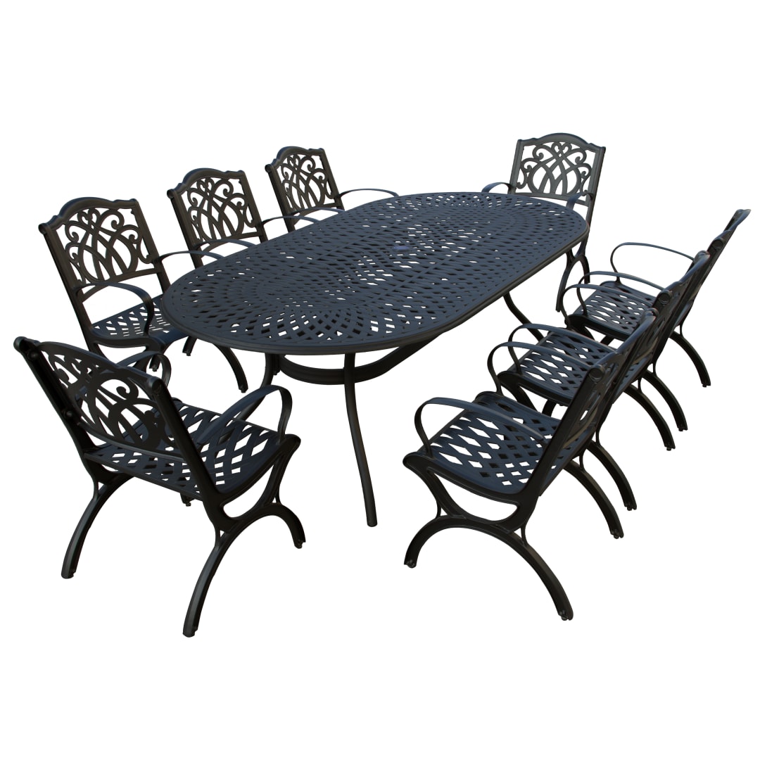 Modern Outdoor Mesh Lattice Aluminum 95-in Large Black Oval Patio Dining Set with Eight Arm Chairs