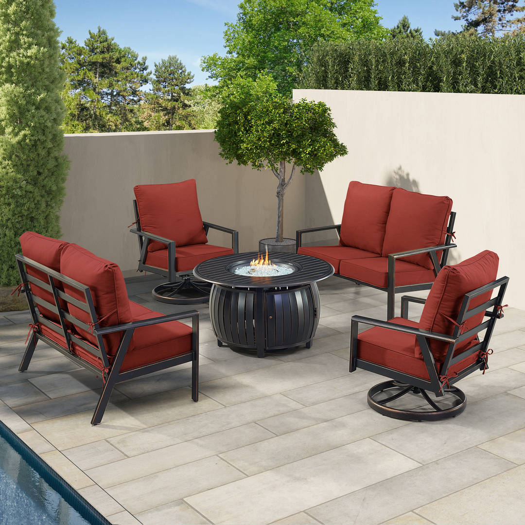 Black Aluminum Patio Fire Table Set with Two Deep Seating Loveseat with Cushions and Two Club Chairs