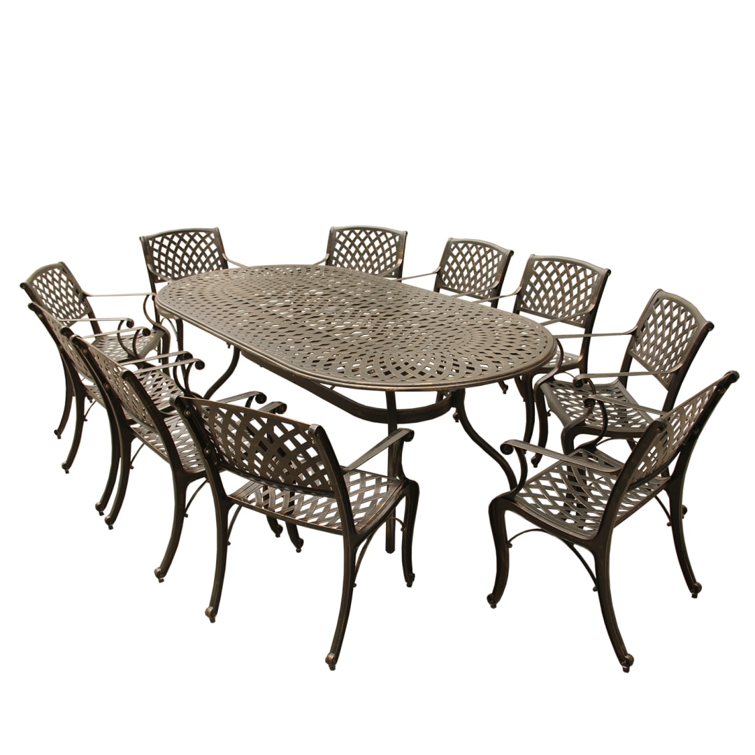 Contemporary Modern Outdoor Mesh Lattice Aluminum 95 inch Bronze Oval Dining Set with Ten Chairs