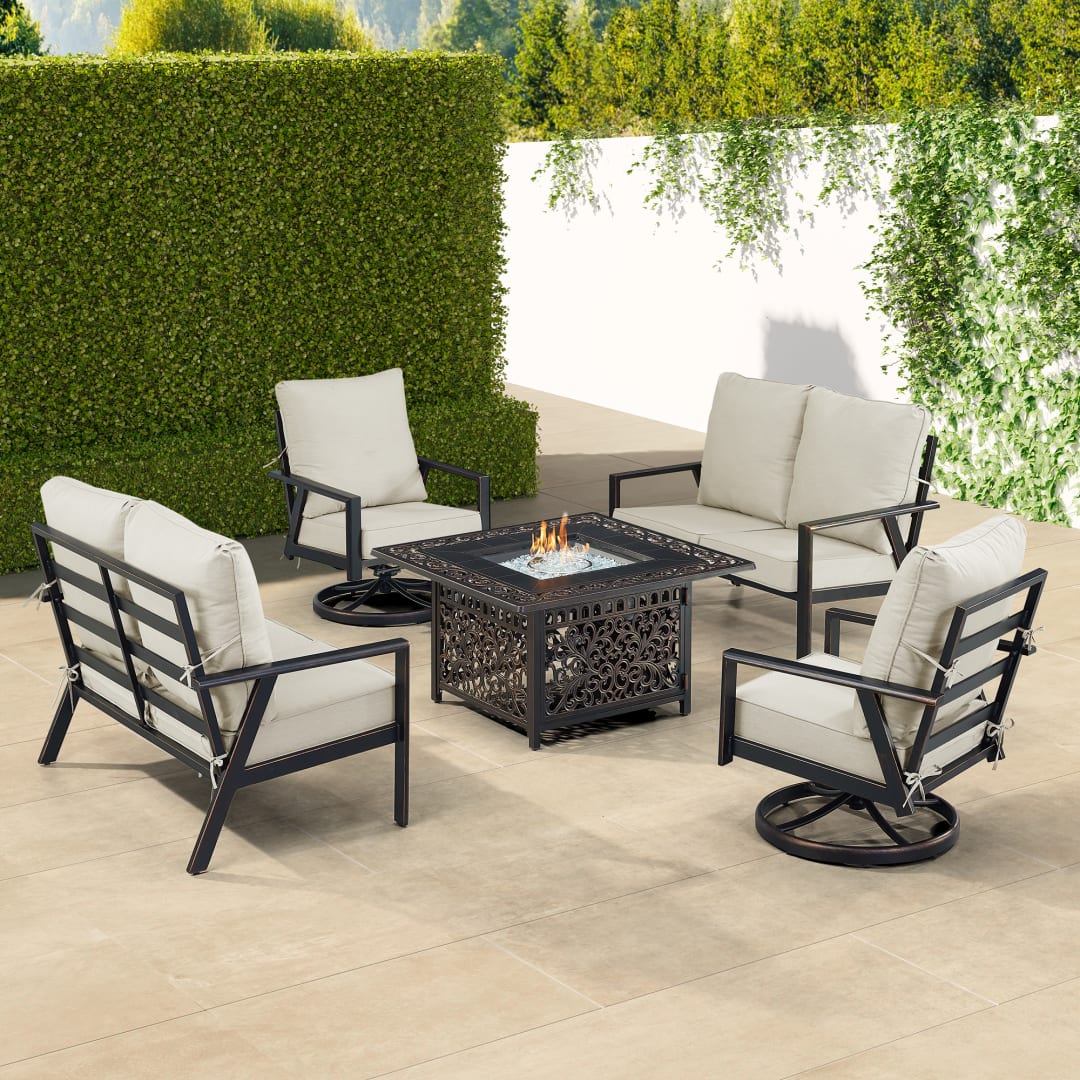 Black Aluminum Patio Fire Table Set with Two Deep Seating Loveseat with Cushions and Two Club Chairs