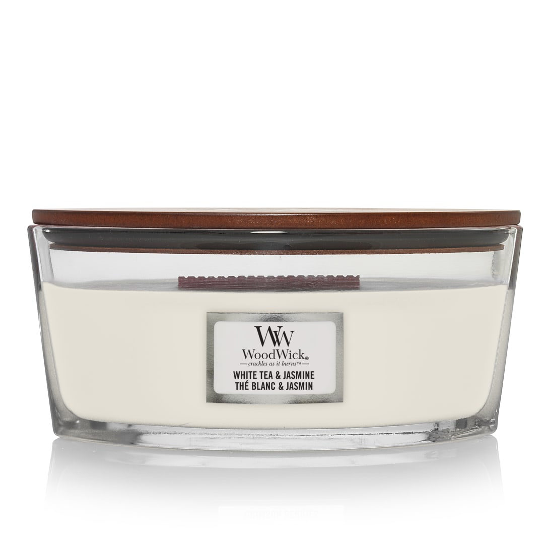 WoodWick Ellipse Vela perfumada | Té blanco y jazmín | con mecha crepitante | Tiempo de combustión: hasta 50 horas