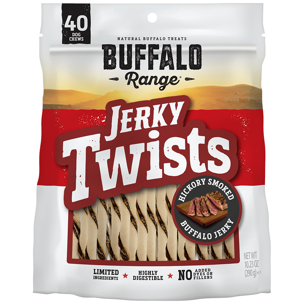 Buffalo Range Rawhide Dog Treats | Healthy, Grass-Fed Buffalo Jerky Raw Hide Chews | Hickory Smoked Flavor | Jerky Twist, 40 Count