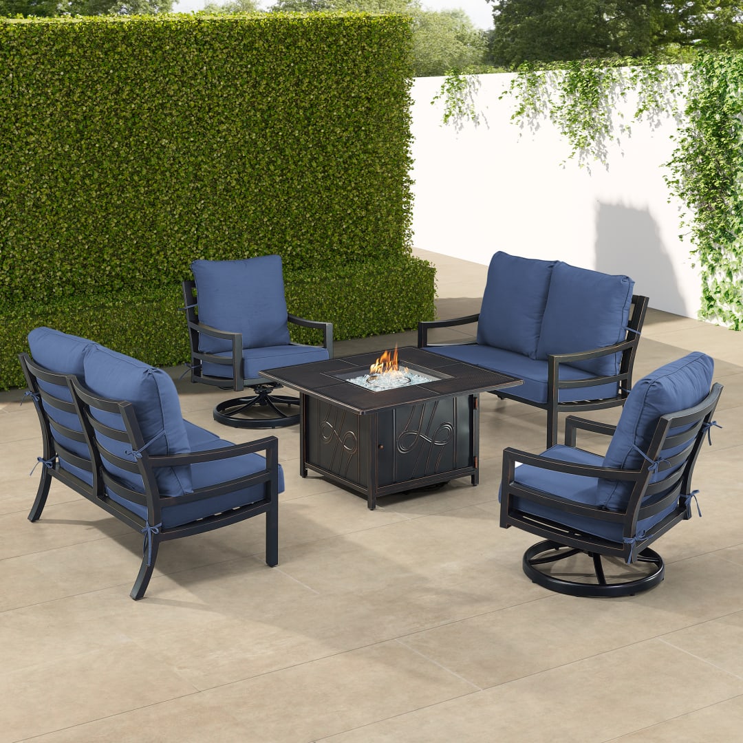 Black Aluminum Patio Fire Table Set with Two Deep Seating Loveseat with Cushions and Two Club Chairs