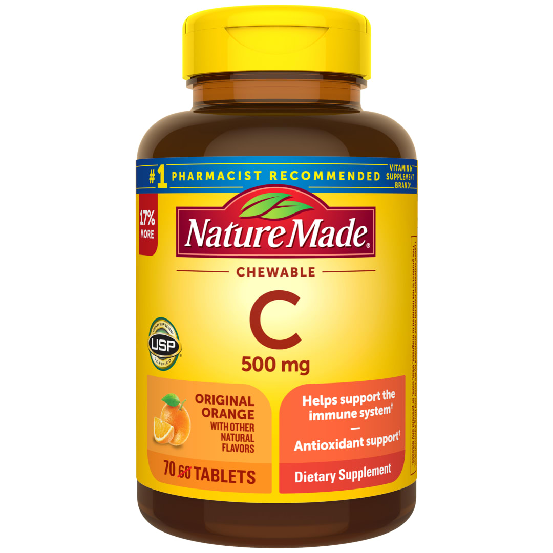 Nature Made Chewable Vitamin C 500 mg, Adult Vitamin C Chewable Tablets for Immune Support, 70 Tablets, 70 Day Supply