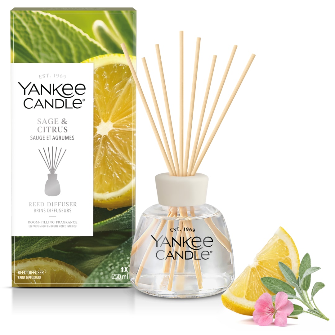 Yankee Candle Difusor de caña perfumado, Sage & Citrus, 250 ml | Ambientadores de hogar, Hasta 18 semanas de fragancia, regalos originales para mujer
