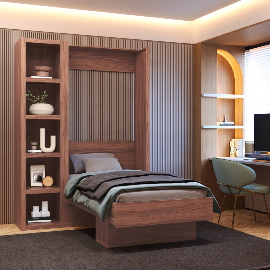 Easy-Lift Twin Murphy Wall Bed in Natural Brown Wood Grain with Bookshelf