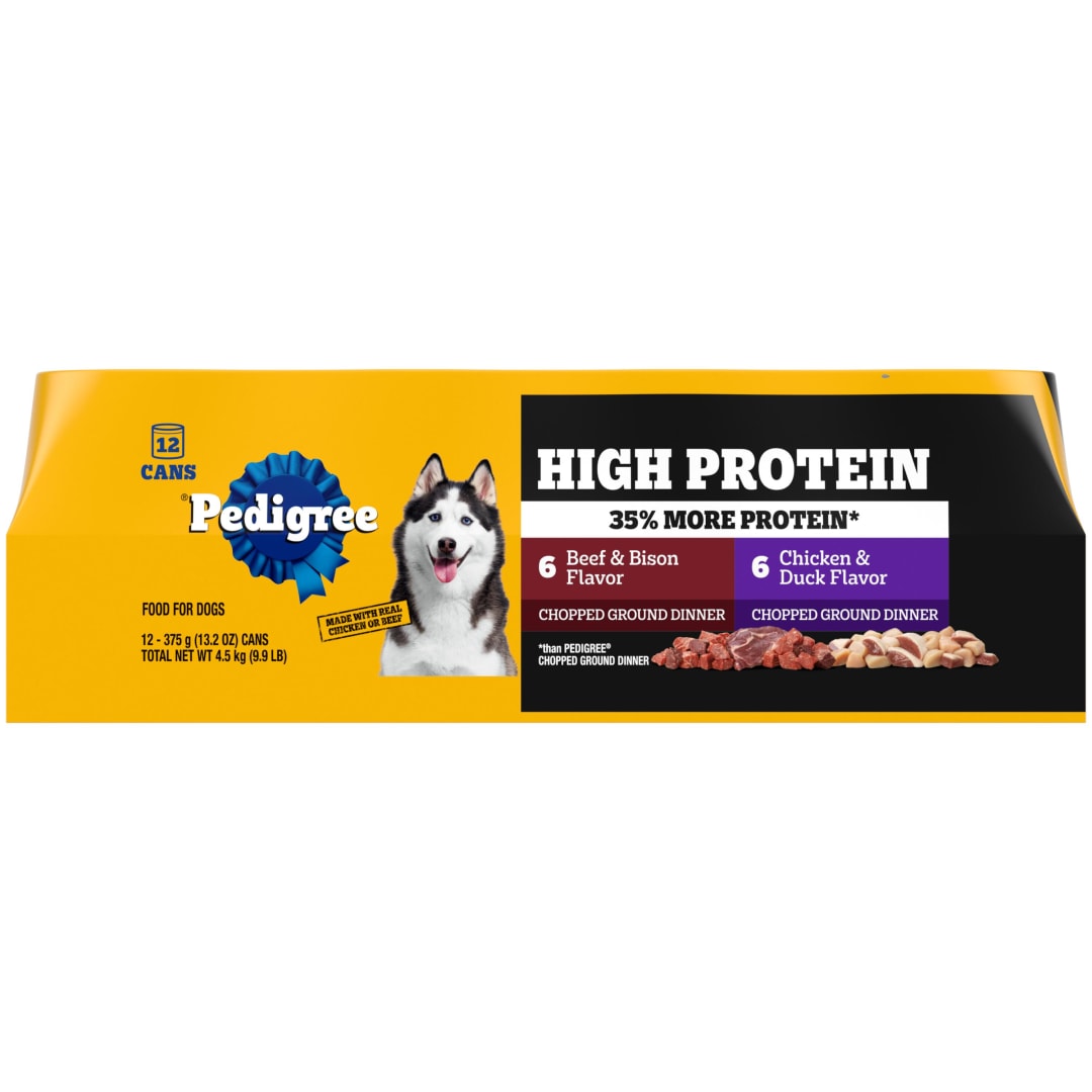 PEDIGREE High Protein Adult Canned Soft Wet Dog Food Variety Pack, Chopped Beef & Bison Flavor and Chopped Chicken & Duck Flavor, (12) 13.2 oz. Cans