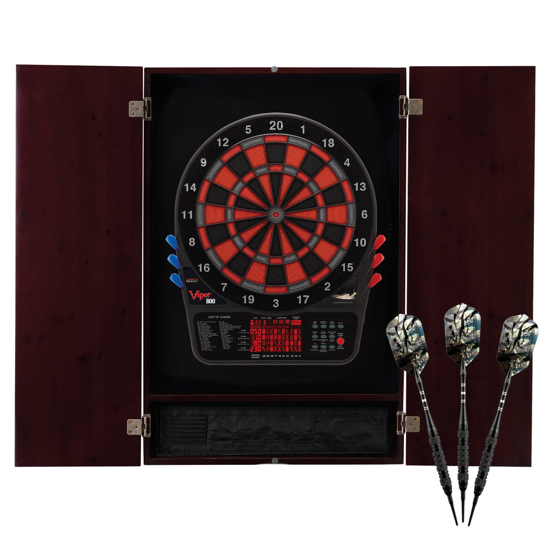 Viper Metropolitan Electronic Soft Tip Dartboard and Cabinet Bundle: Premium Set (800 Dartboard and Darts), Mahogany Finish