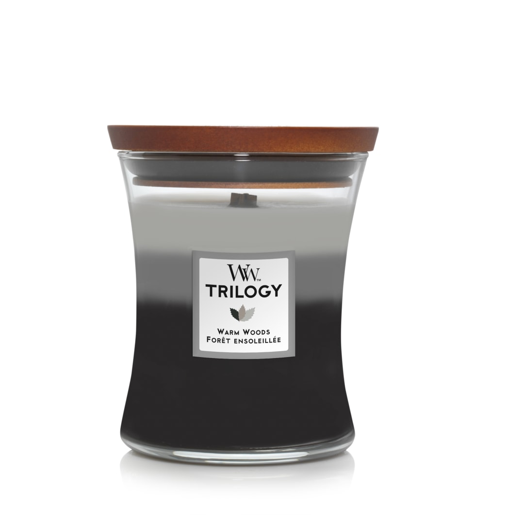 WoodWick Trilogy vela perfumada mediana en forma de reloj de arena con Pluswick Innovation | Maderas cálidas