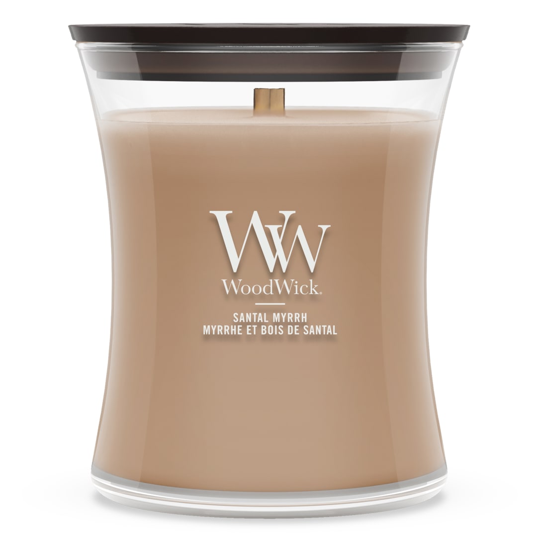 WoodWick Vela perfumada | Vela de tamaño mediano en forma de reloj de arena | Santal Myrrh | Regalos perfectos para mujeres