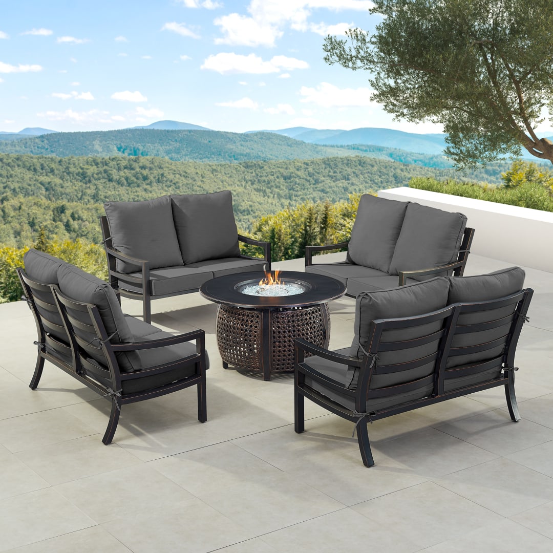 Black Aluminum Patio Fire Table Set with Four Deep Seating Loveseat with Cushions