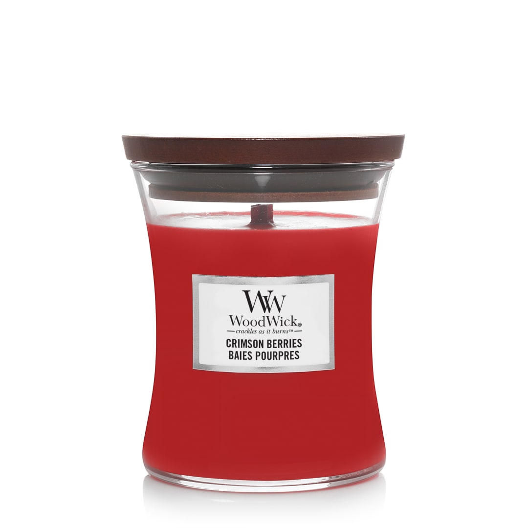 WoodWick Vela perfumada hourglass mediana | Bayas carmesí | Con mecha crepitante | Tiempo de combustión: hasta 60 horas