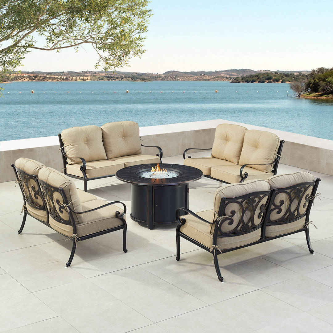 Black Aluminum Patio Fire Table Set with Four Deep Seating Loveseat with Cushions