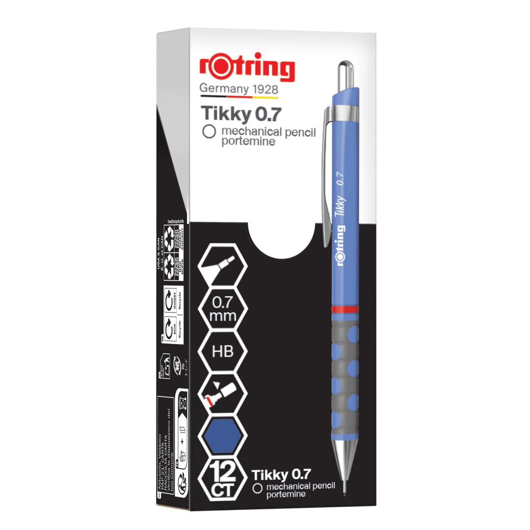 rOtring Tikky Portaminas | HB 0,7 mm | Cuerpo iris (azul) | Ligero con agarre de goma | 12 piezas