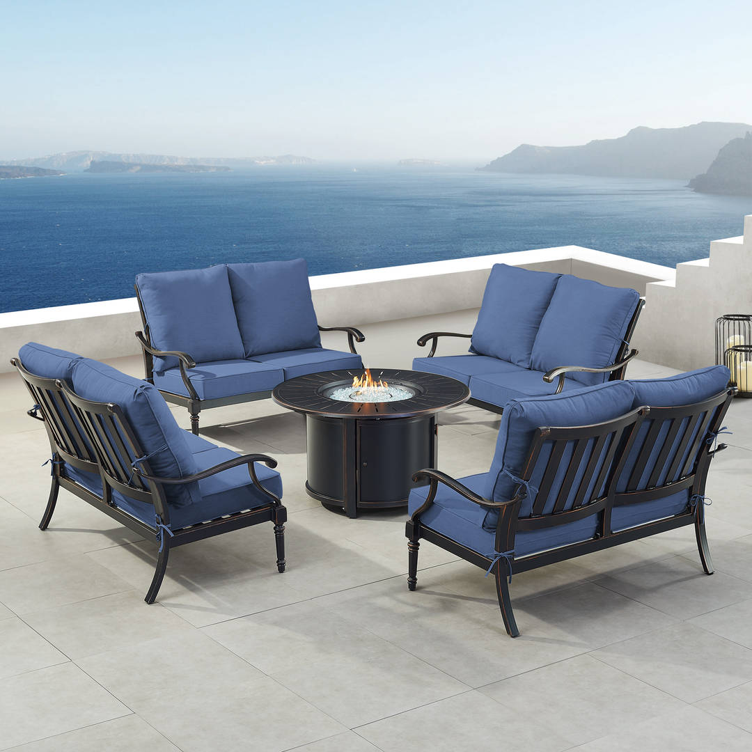 Black Aluminum Patio Fire Table Set with Four Deep Seating Loveseat with Cushions