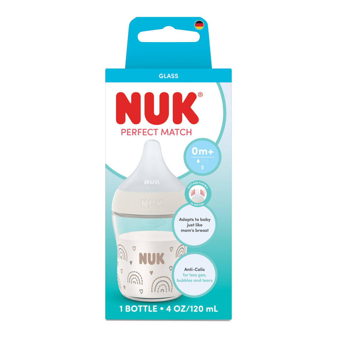 NUK Perfect Match Glass Baby Bottle, 0+ Months, 120 ml, Anti Colic Feeding Bottle, Temperature Control Indicator, Rainbow, 1 Count