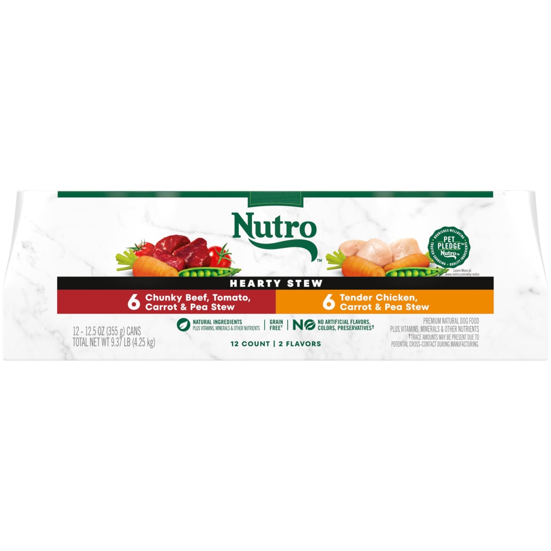 NUTRO HEARTY STEW Adult Natural Soft Wet Dog Food Cuts in Gravy, Tender Chicken, Carrot & Pea Stew and Chunky Beef, Tomato, Carrot & Pea Stew Variety Pack, (12) 12.5 oz. Cans