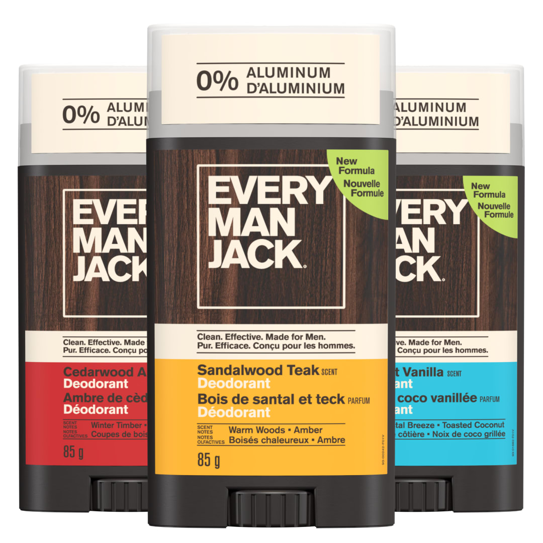 Every Man Jack Men's Deodorant Variety Set - Includes 3 Full-Sized Aluminum Free Natural Deodorant Sticks - Sandalwood Teak, Cedarwood Amber, Coconut Vanilla - 3oz (3 Pack)