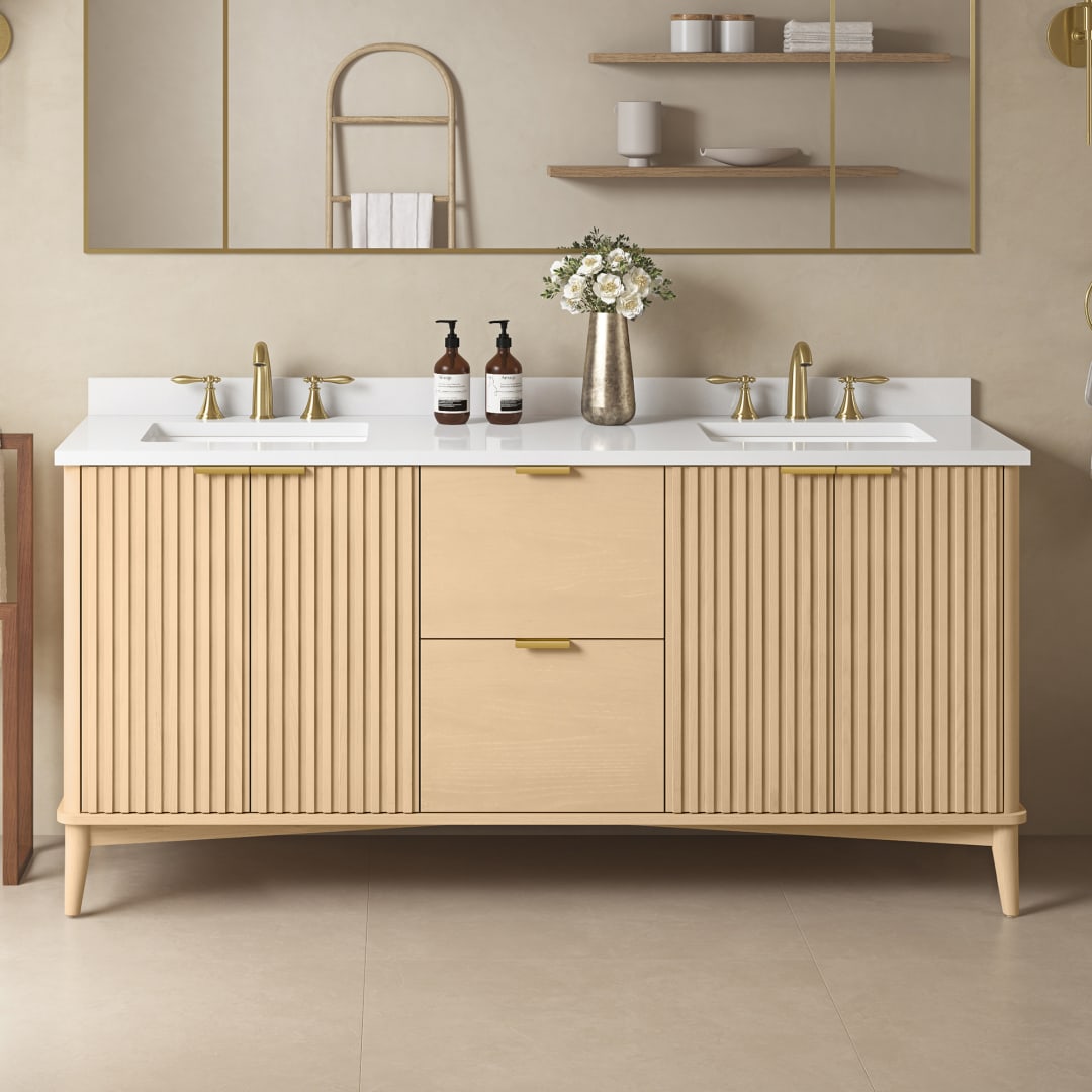 Gabi 72 in. Double Sink Freestanding Rustic Ash Bathroom Vanity with White Engineered Stone Top